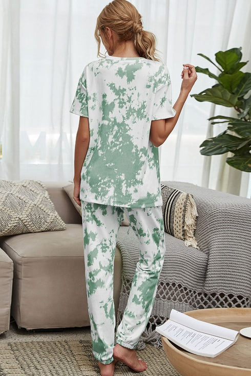 Shiny Tie-Dye Tee and Drawstring Waist Joggers Lounge Set - Fashorio
