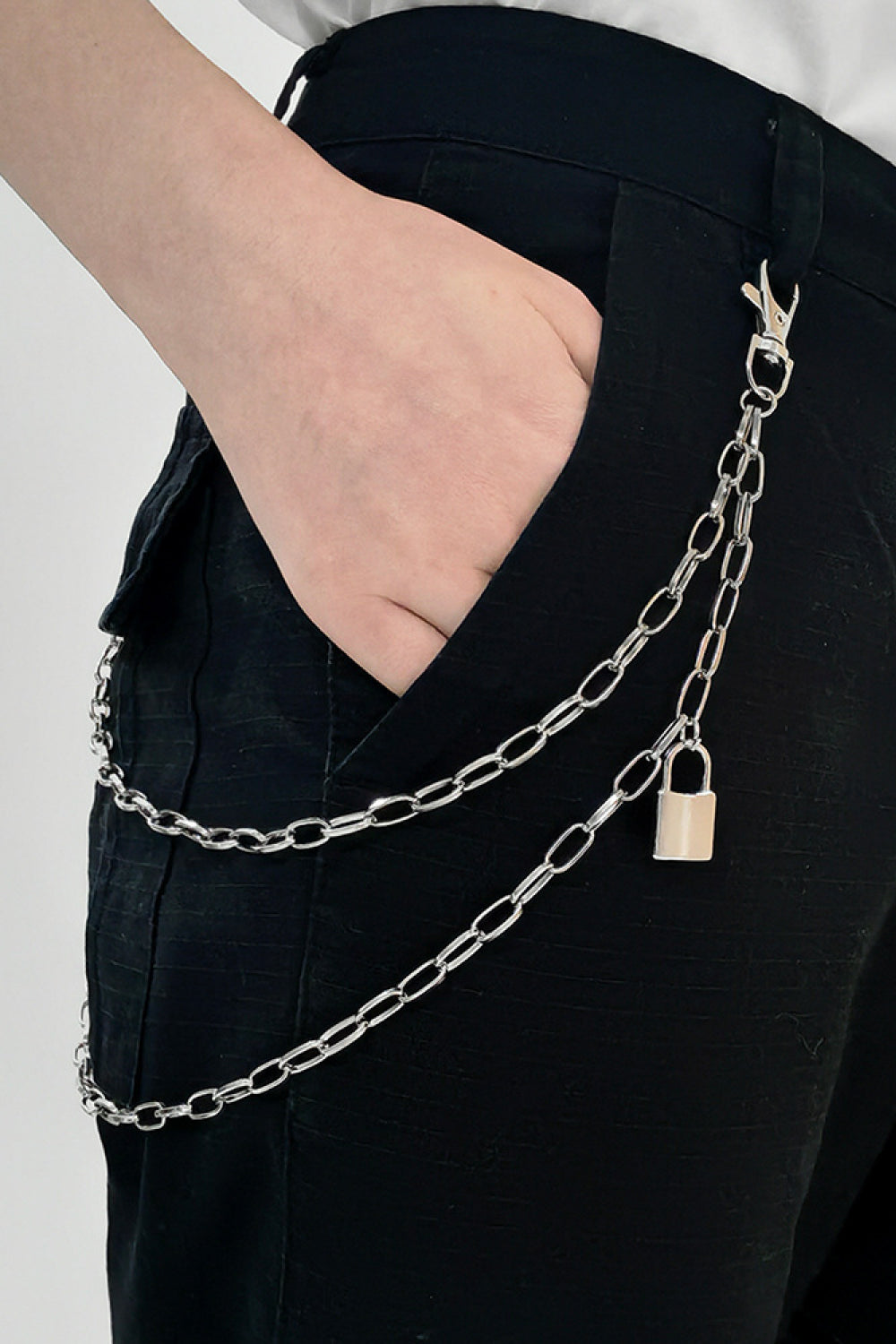 Double Layered Iron Chain Belt with Lock Charm Silver One Size - Fashorio