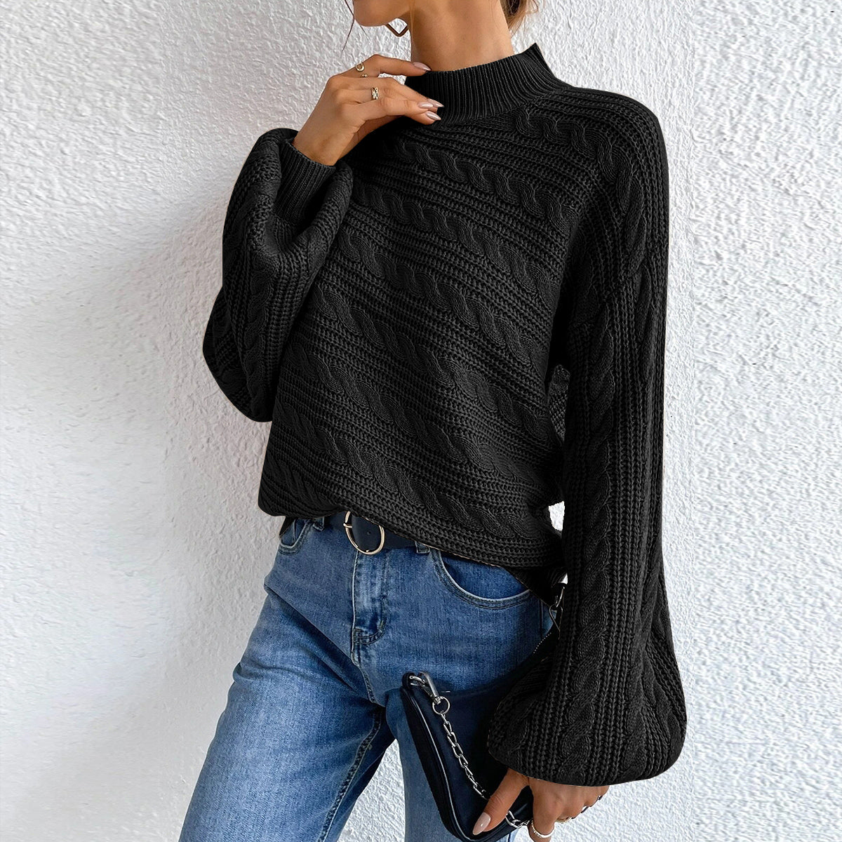 Cable-Knit Mock Neck Long Sleeve Sweater - Fashorio