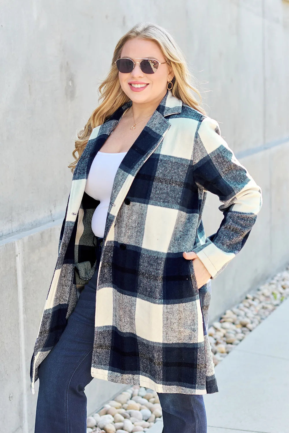 Double Take Full Size Plaid Button Up Lapel Collar Coat - Fashorio
