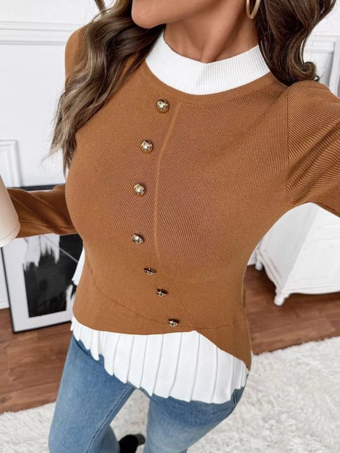 Decor Button Contrast Hem Knit Top - Fashorio