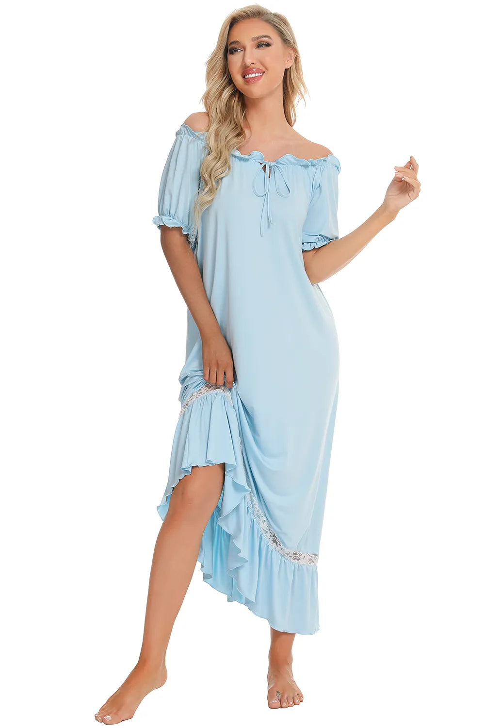Lace Detail Short Sleeve Lounge Dress - Fashorio