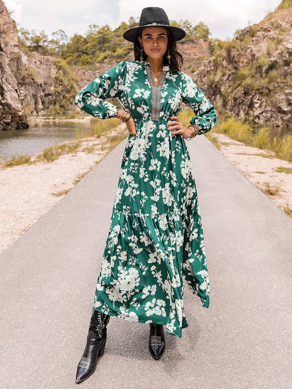 Printed Notched Neck Maxi Dress - Fashorio