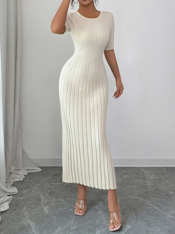 Round Neck Short Sleeve Sweater Dress Apricot - Fashorio