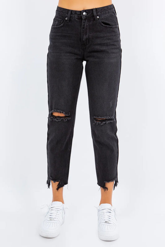 American Bazi High Waist Distressed Cropped Straight Jeans Black - Fashorio