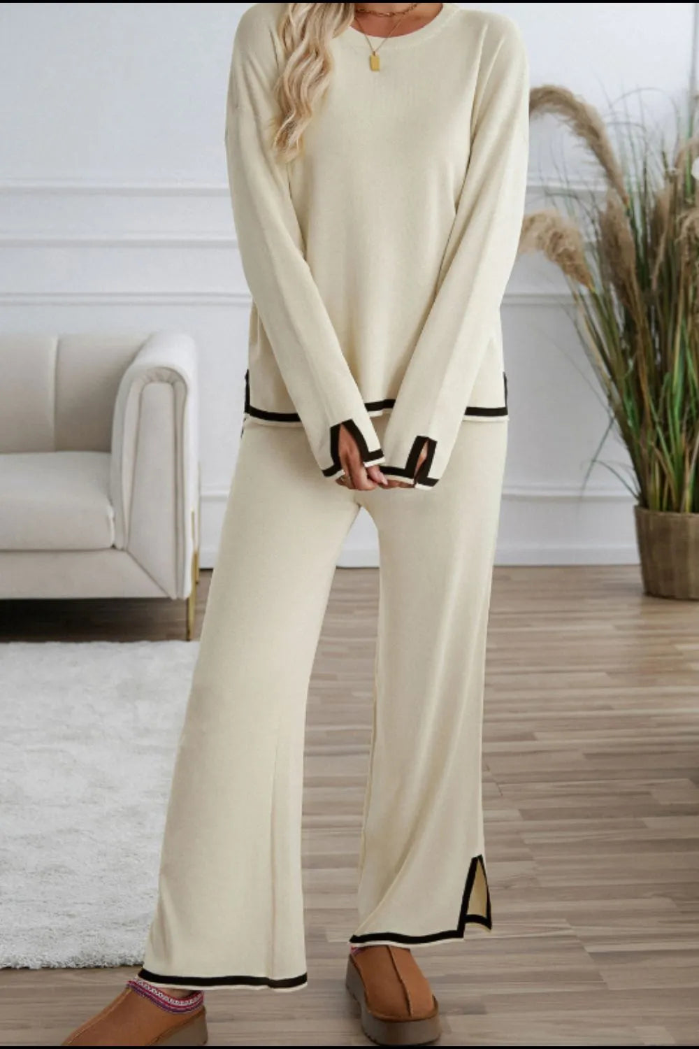 Contrast Trim Round Neck Top and Pants Sweater Set - Fashorio