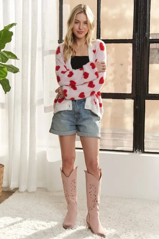 ADORA Fuzzy Heart Button Down Cardigan - Fashorio