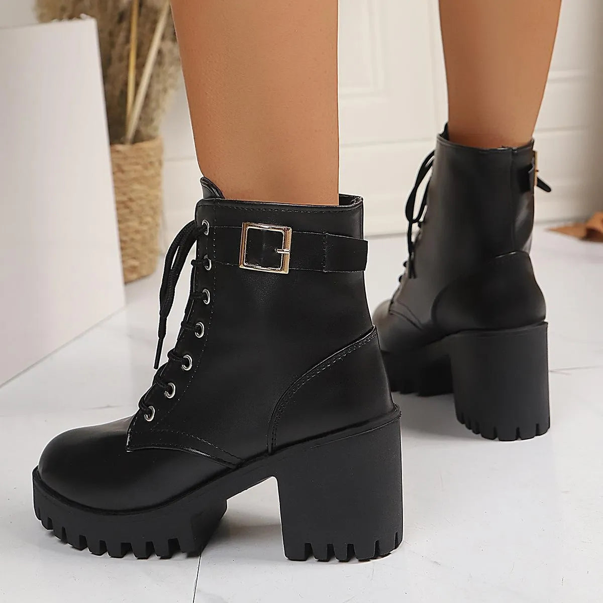 Combat Lace Up Boots with Buckle Straps - Fashorio