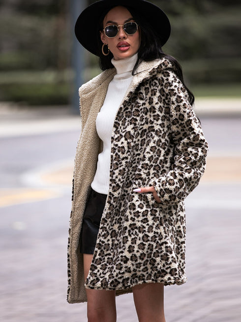 Shiny Leopard Hooded Coat with Pockets - Fashorio
