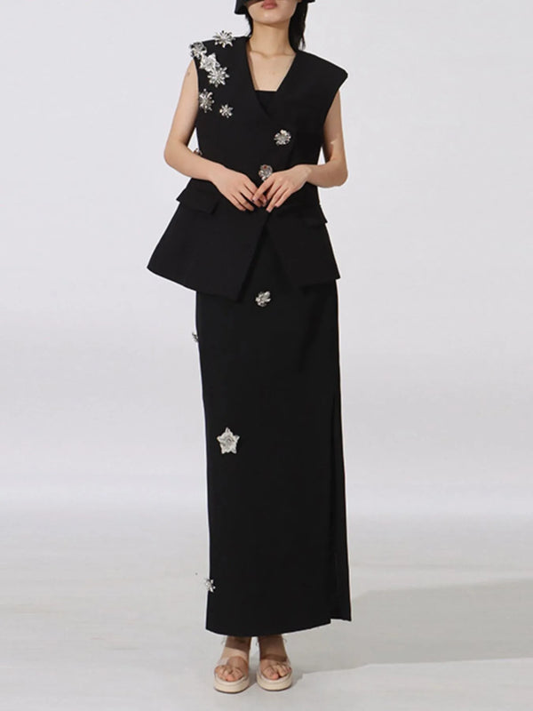 Flower Sleeveless Vest and Skirt Set Black - Fashorio