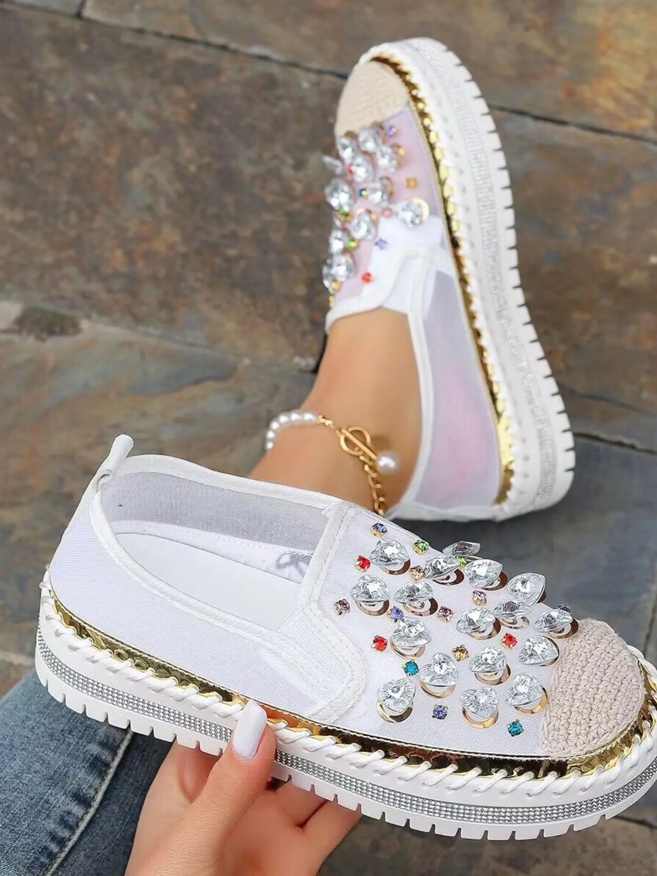 Rhinestone Round Toe Platform Loafers White - Fashorio