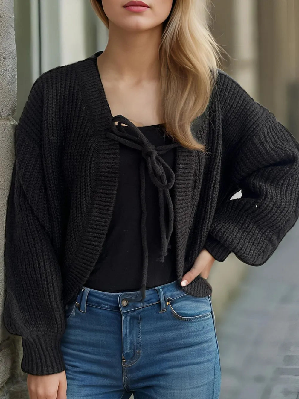 Tied Dropped Shoulder Long Sleeve Cardigan Black One Size - Fashorio