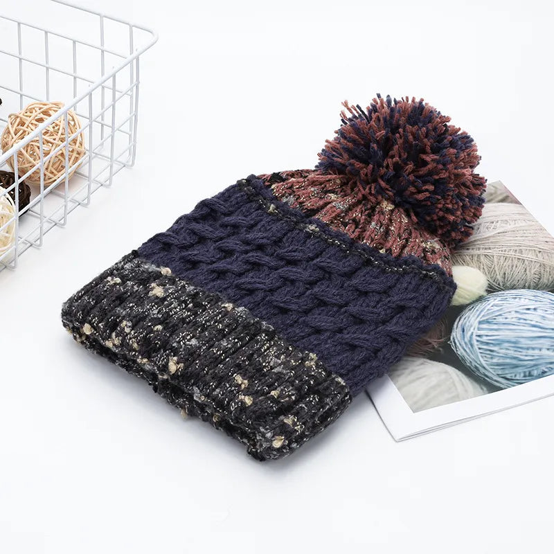 Contrast Thermal Hat with Pompom Navy One Size - Fashorio