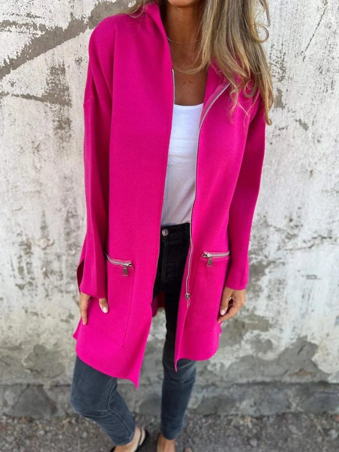Full Size Zip Up Long Sleeve Hooded Outerwear Plus Size Rose Red - Fashorio