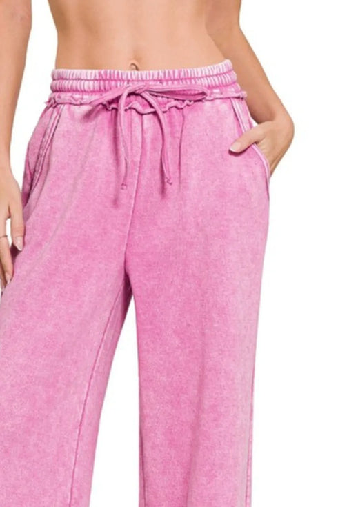 Zenana Acid Wash Fleece Palazzo Sweatpants with Pockets - Fashorio