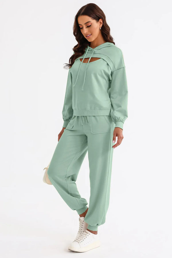 Cutout Drawstring Hoodie and Joggers Active Set Light Green - Fashorio