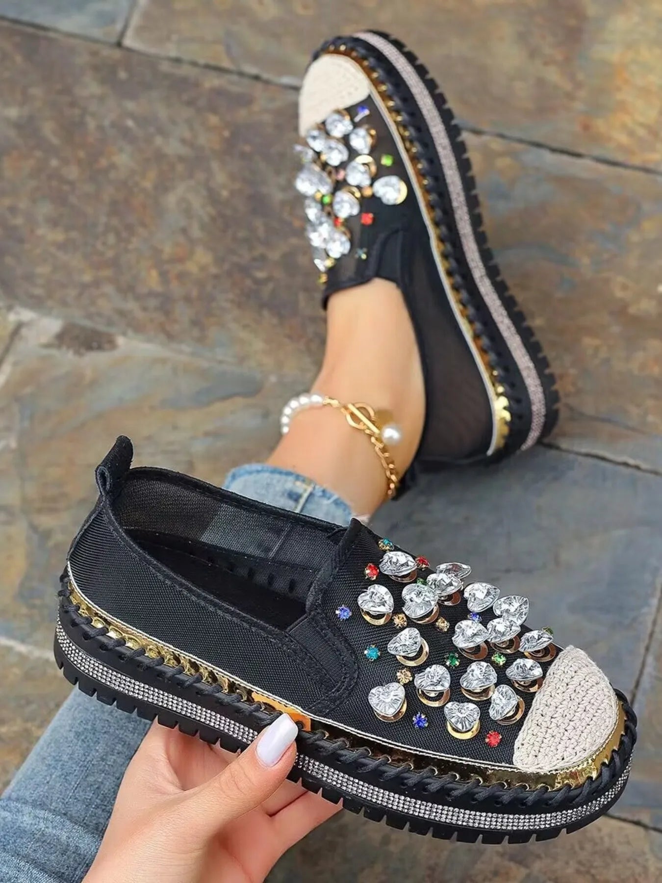 Rhinestone Round Toe Platform Loafers - Fashorio