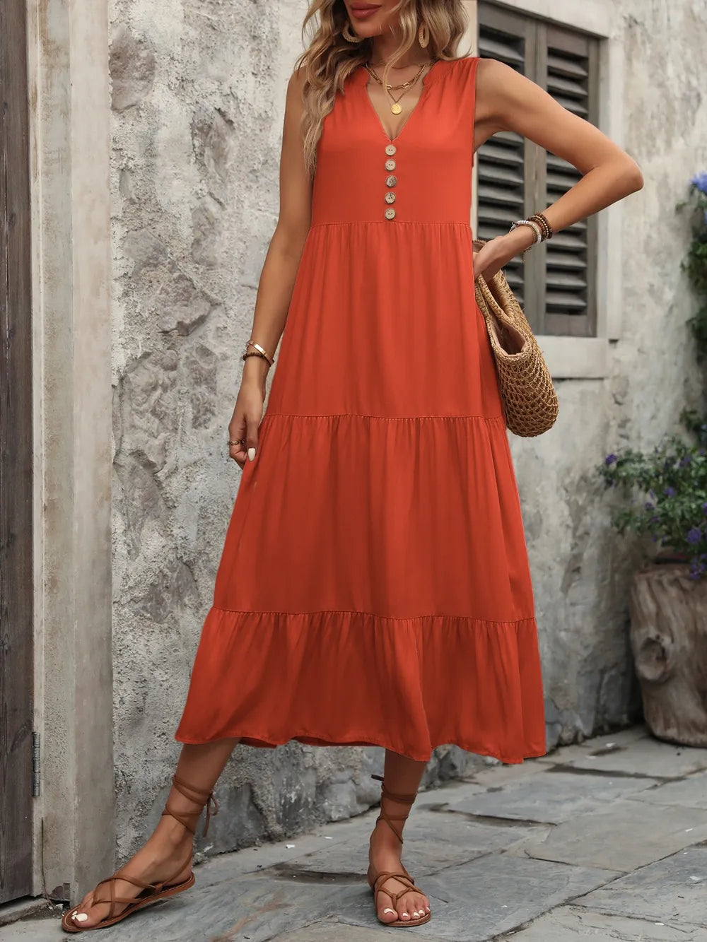 Ivy Lane Decorative Button Notched Sleeveless Dress - Fashorio
