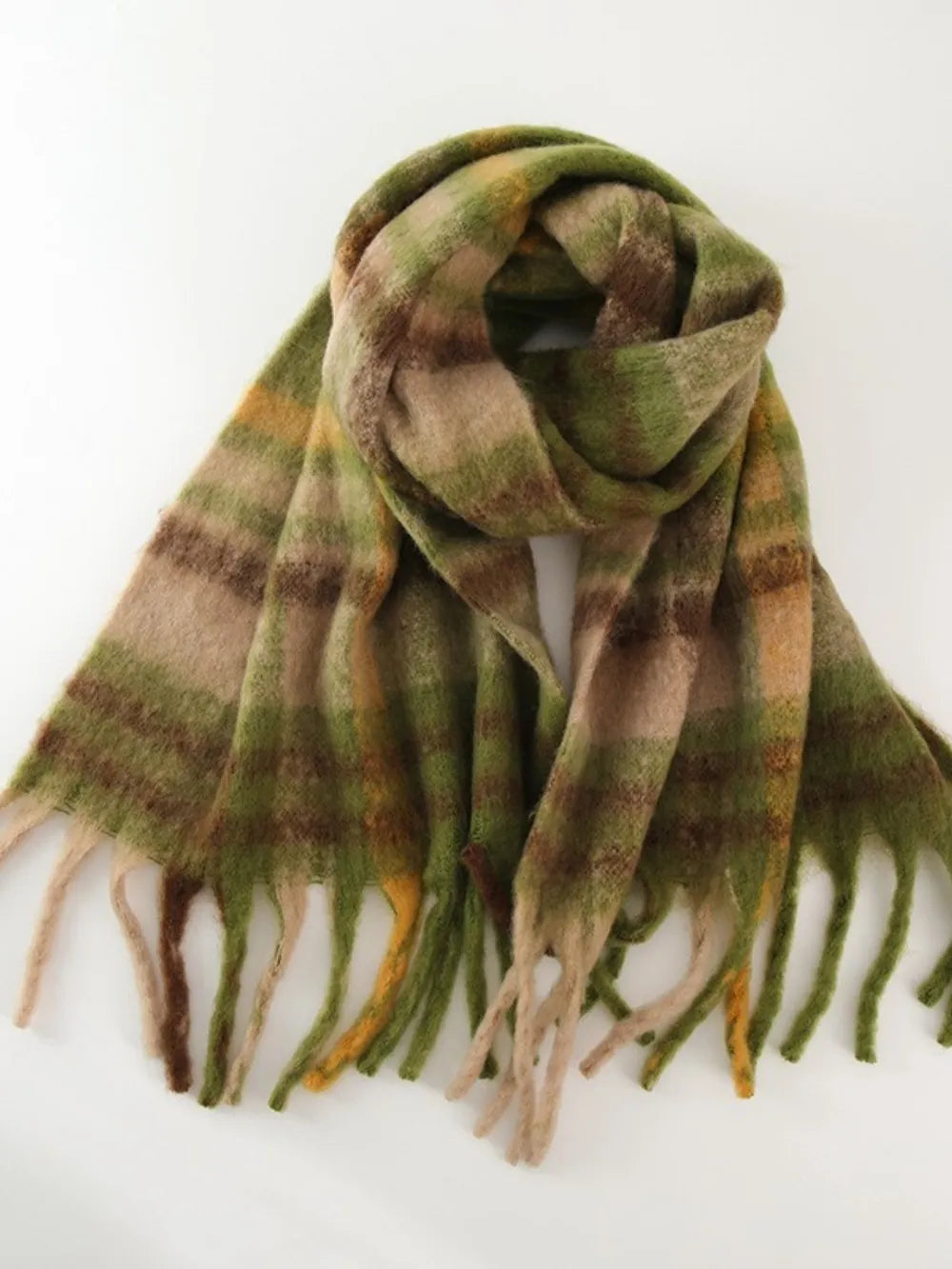Fringe Plaid Polyester Scarf Olive One Size - Fashorio