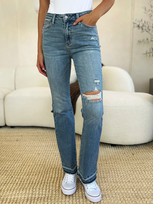Judy Blue Full Size Mid Rise Destroyed Hem Distressed Jeans Medium - Fashorio