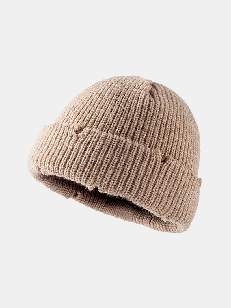 Distressed Cuffed Knit Hat Khaki One Size - Fashorio