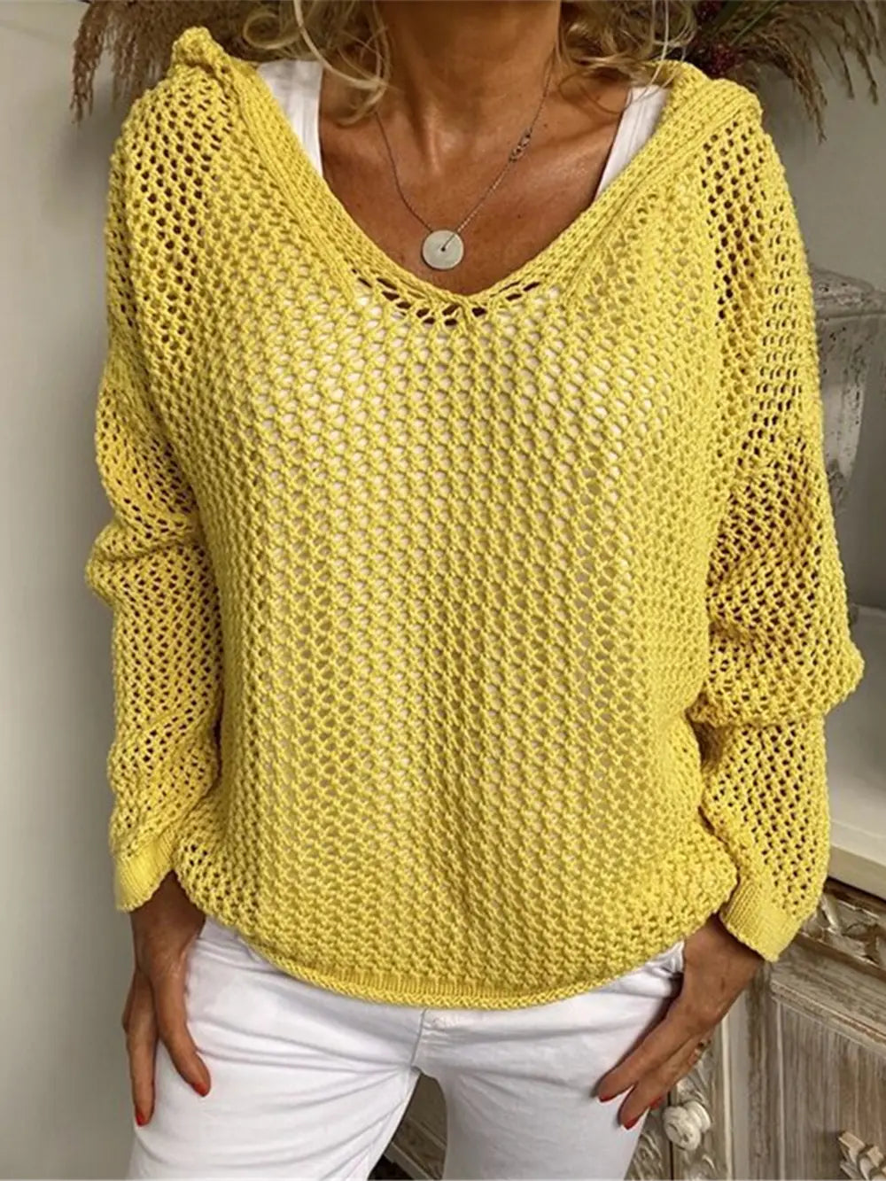 Openwork Hooded Long Sleeve Sweater - Fashorio