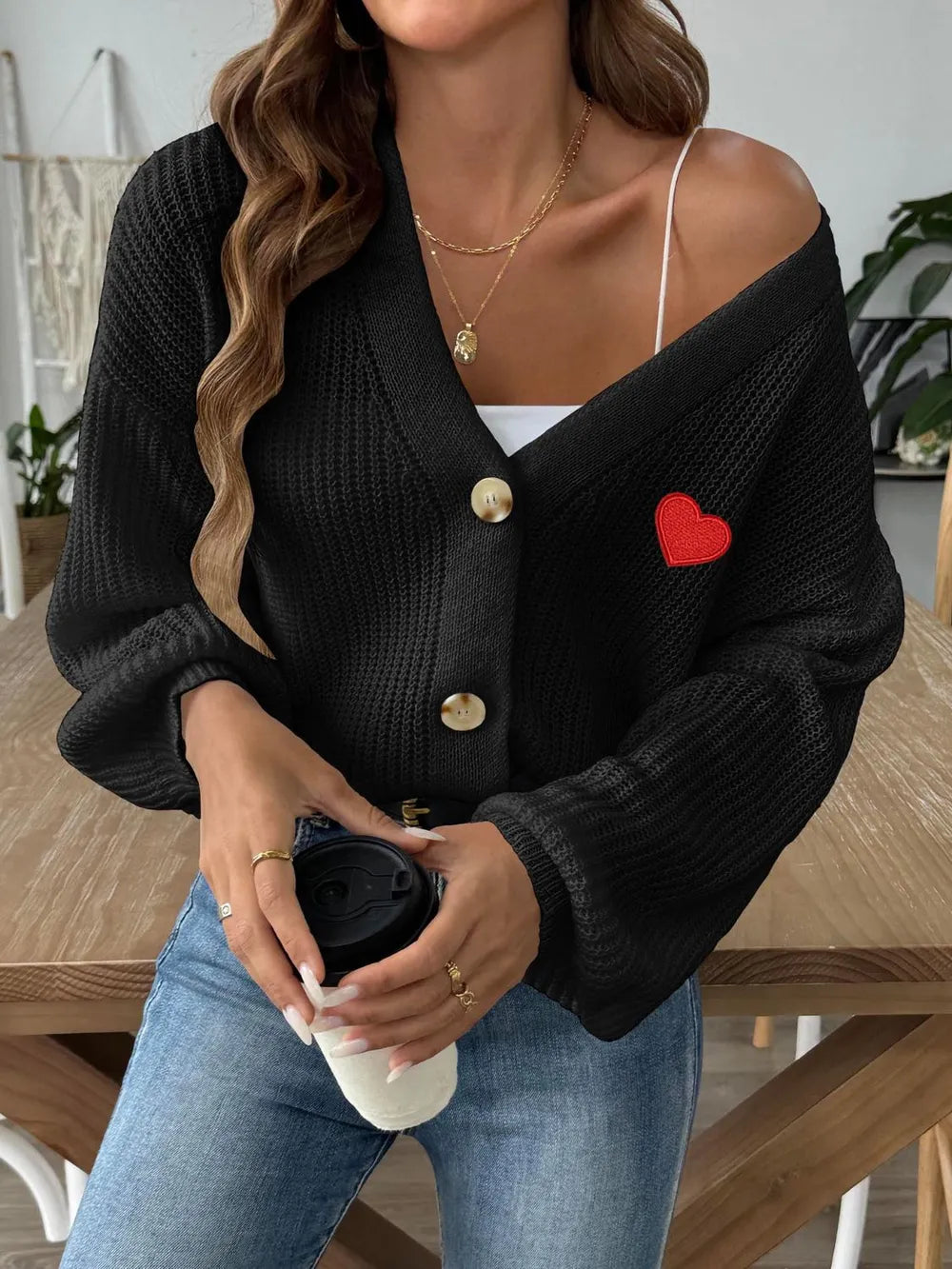 Heart Button Down V-Neck Long Sleeve Cardigan - Fashorio