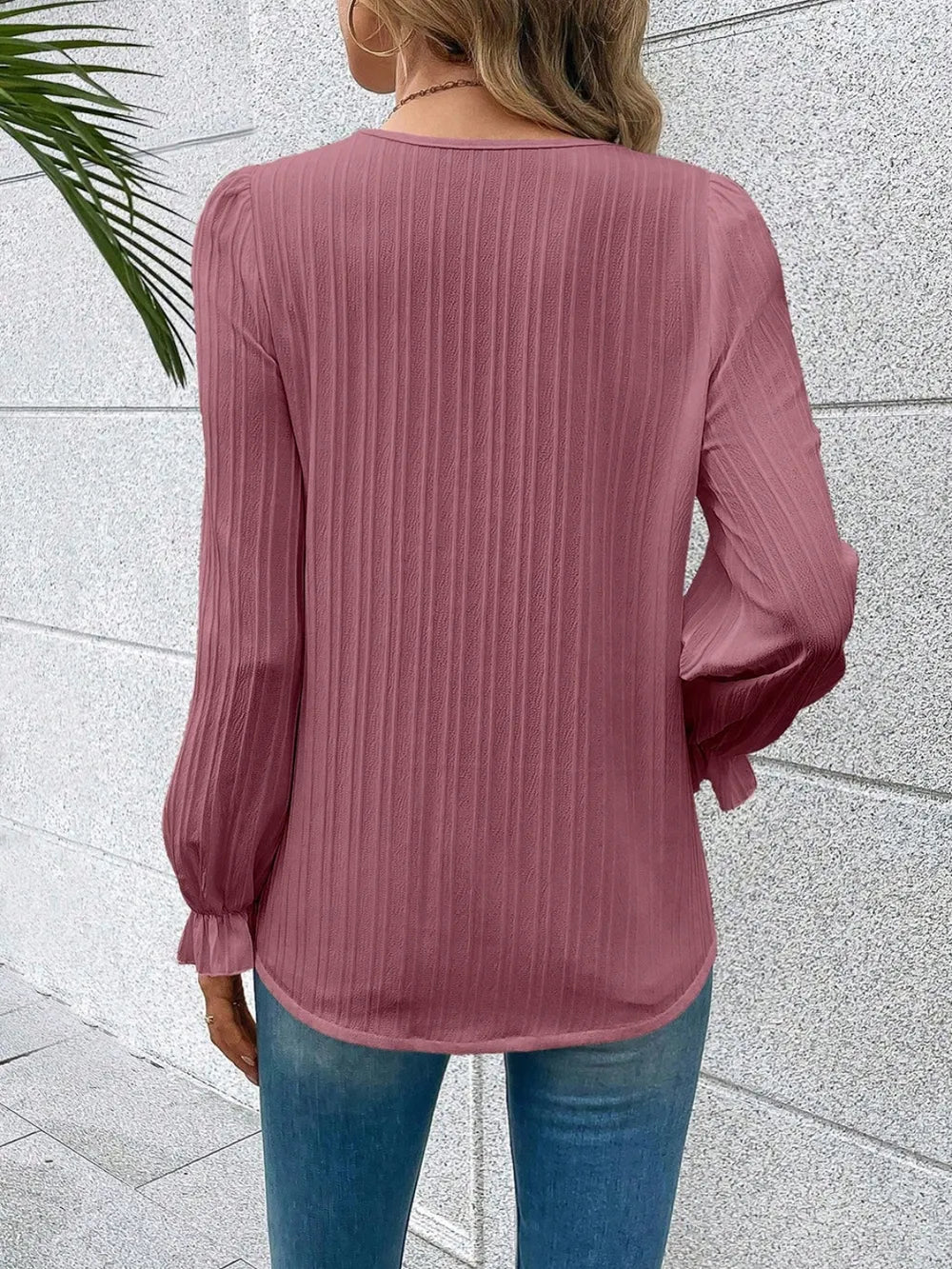 V-Neck Lace Detail Flounce Sleeve Blouse - Fashorio