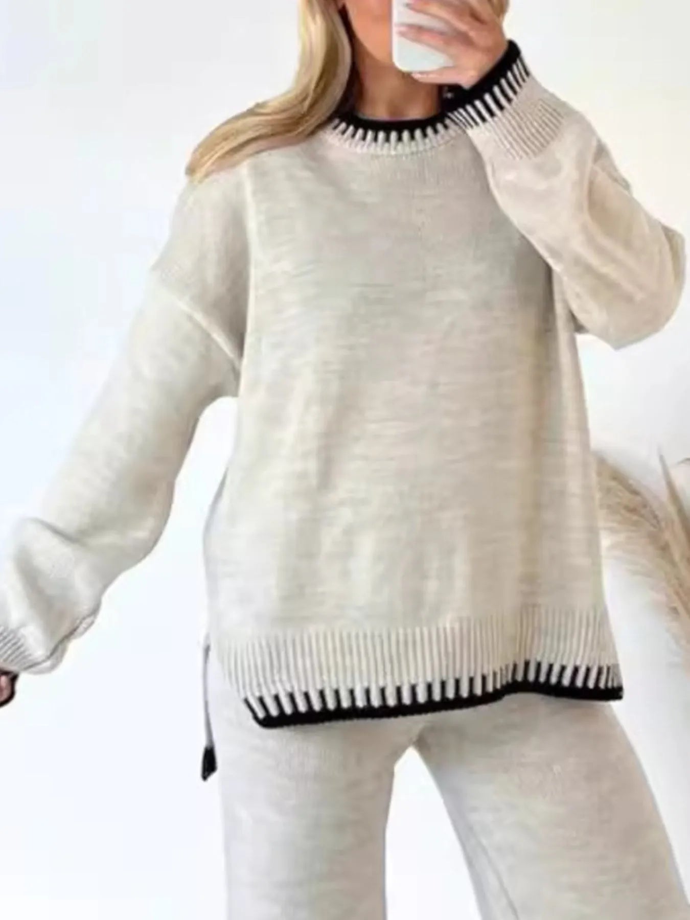 Contrast Trim Round Neck Top and Pants Sweater Set Off-white - Fashorio