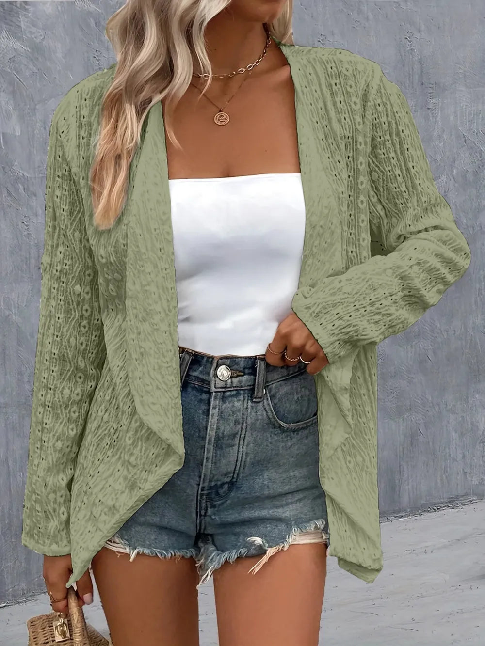 Eyelet Roll-Tab Sleeve Cardigan - Fashorio