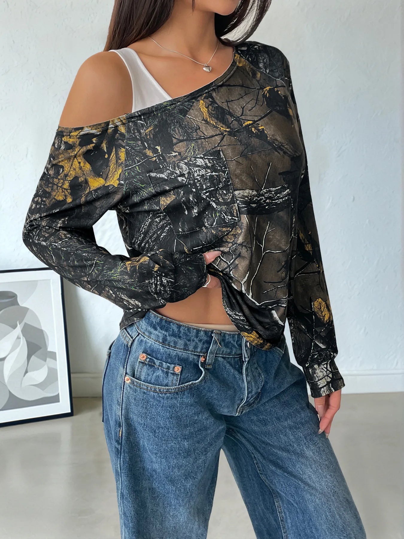 Asymmetrical Neck Printed Long Sleeve Top - Fashorio