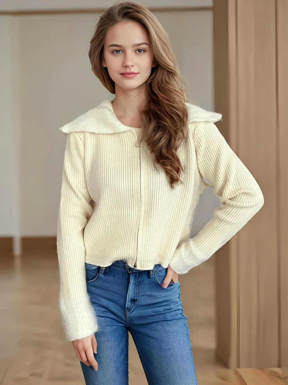 Zip Up Collared Neck Long Sleeve Cardigan Beige One Size - Fashorio