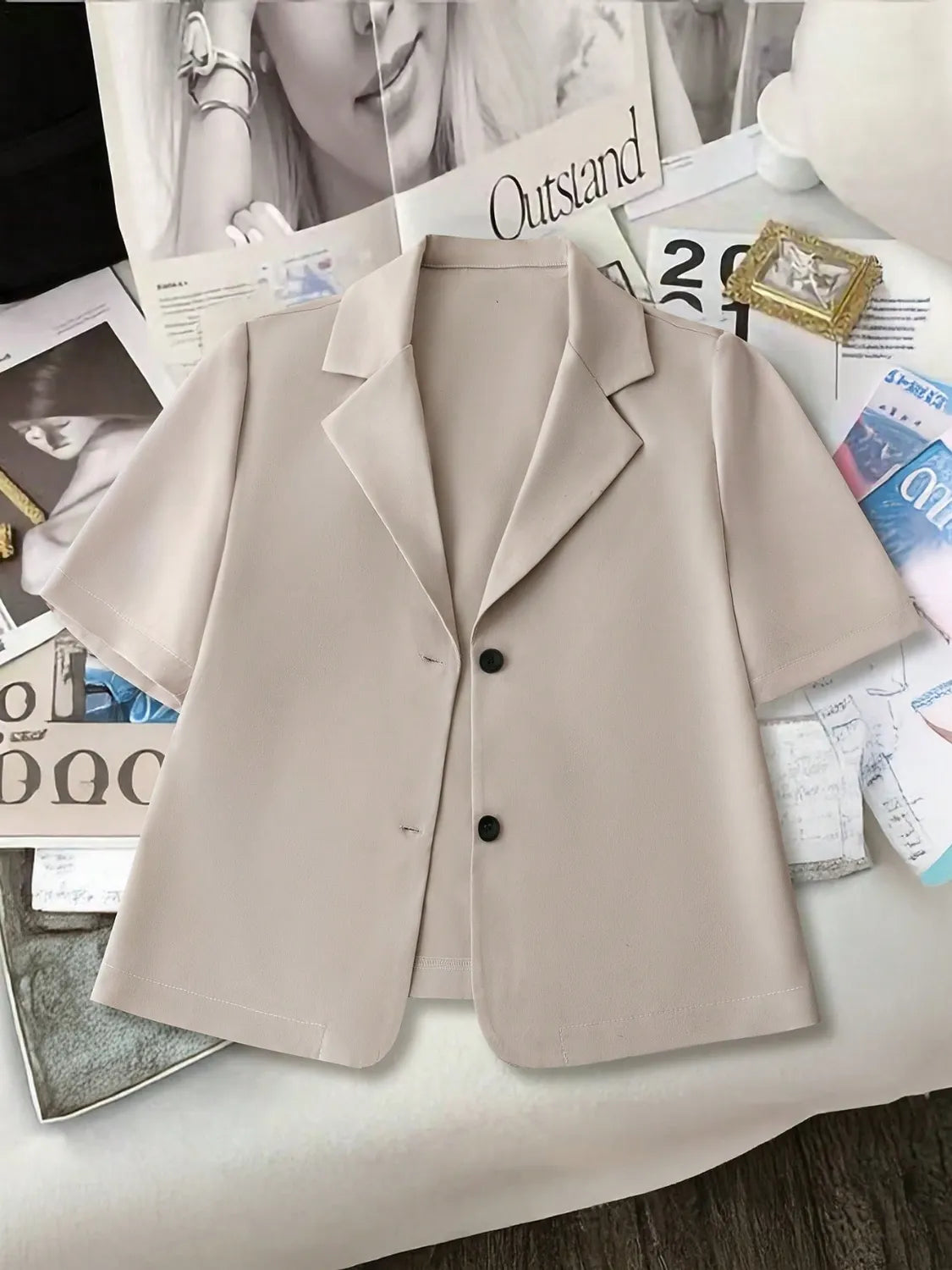 Short Sleeve Lapel Collar Solid Blazer Light Khaki - Fashorio