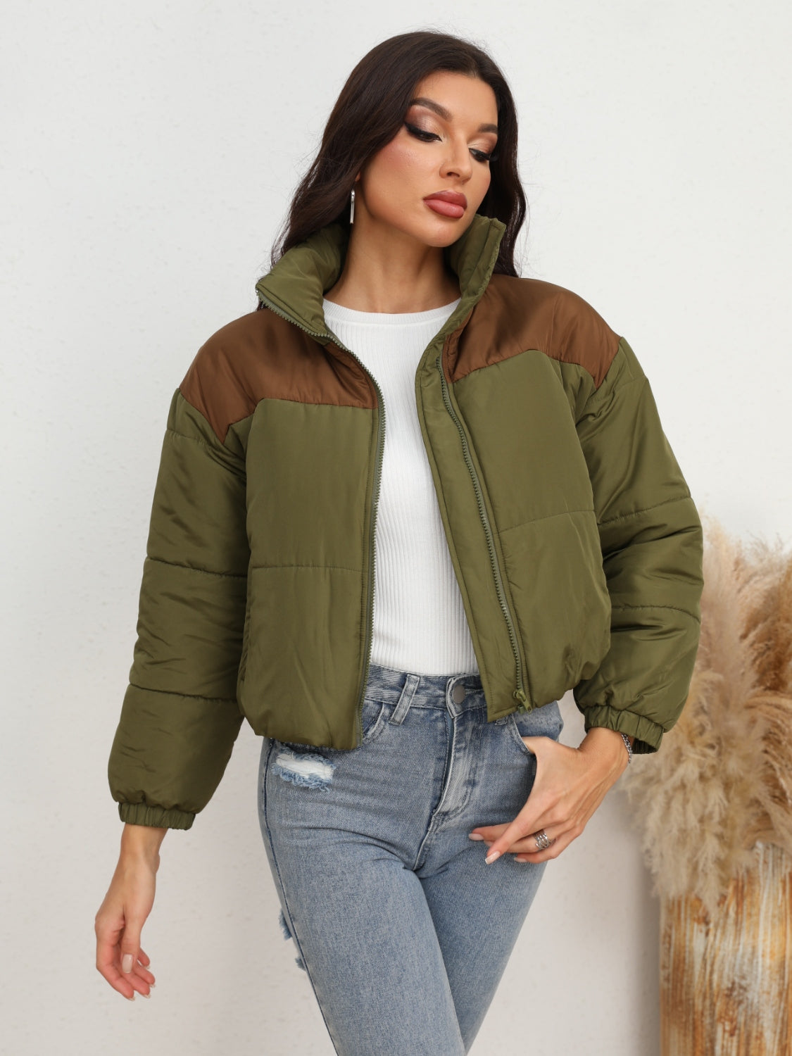 Two-Tone Zip-Up Puffer Jacket Army Green - Fashorio