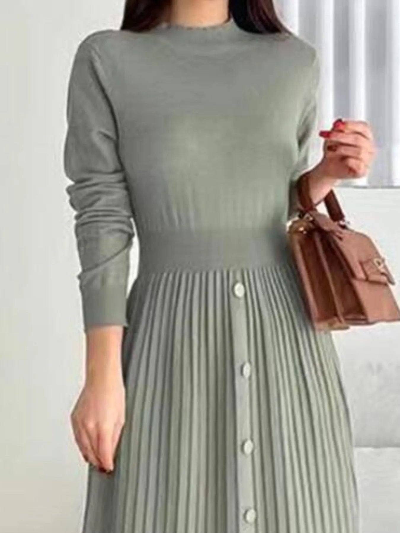 Slit Front Mock Neck Long Sleeve Knit Dress - Fashorio