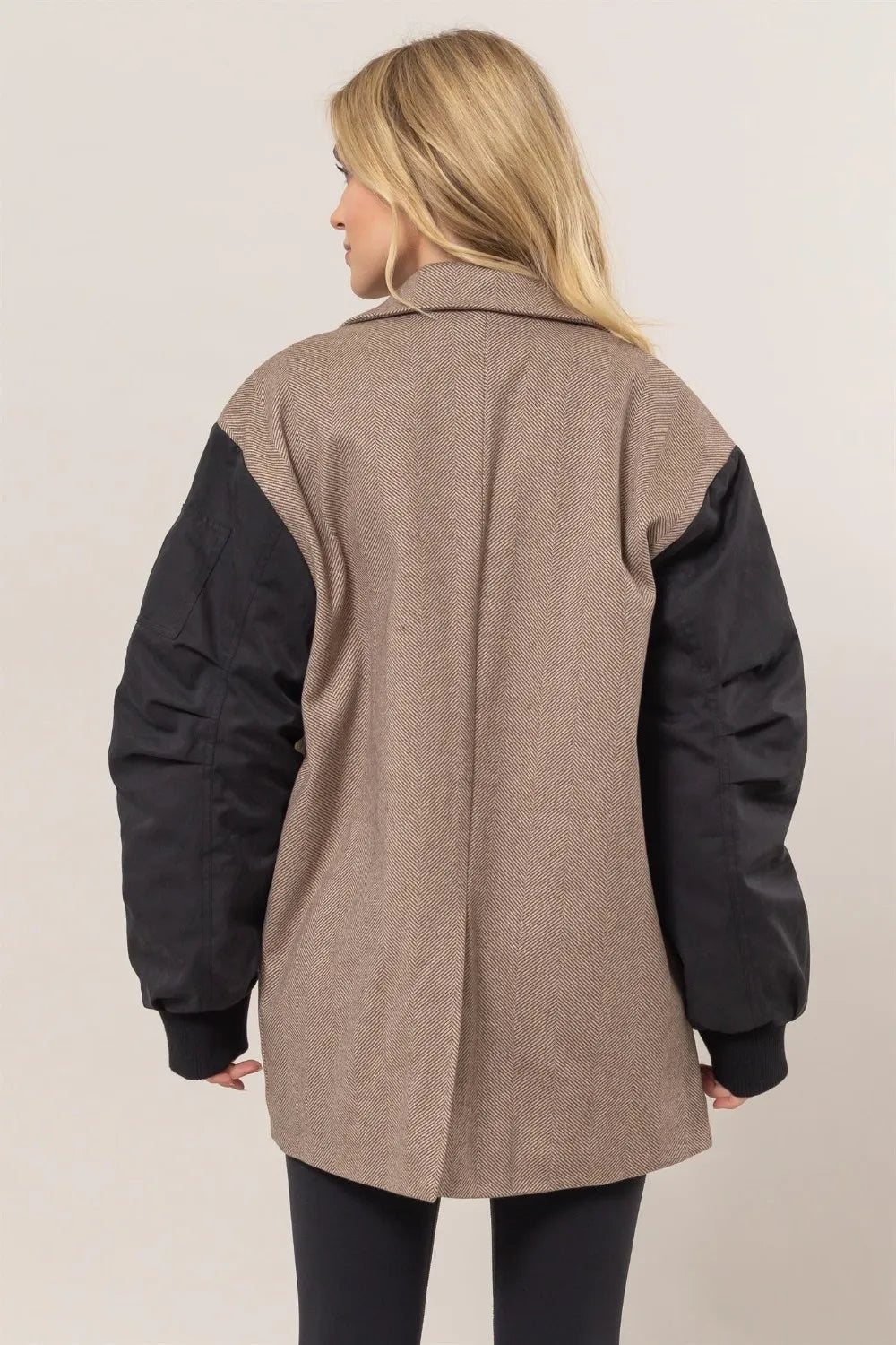HYFVE Herringbone Mixed Media Contrast Long Sleeve Blazer - Fashorio