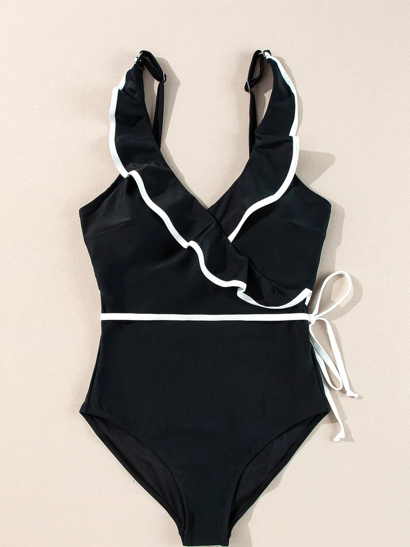 Ruffle Trim V-Neck One-Piece Swimsuit - Fashorio