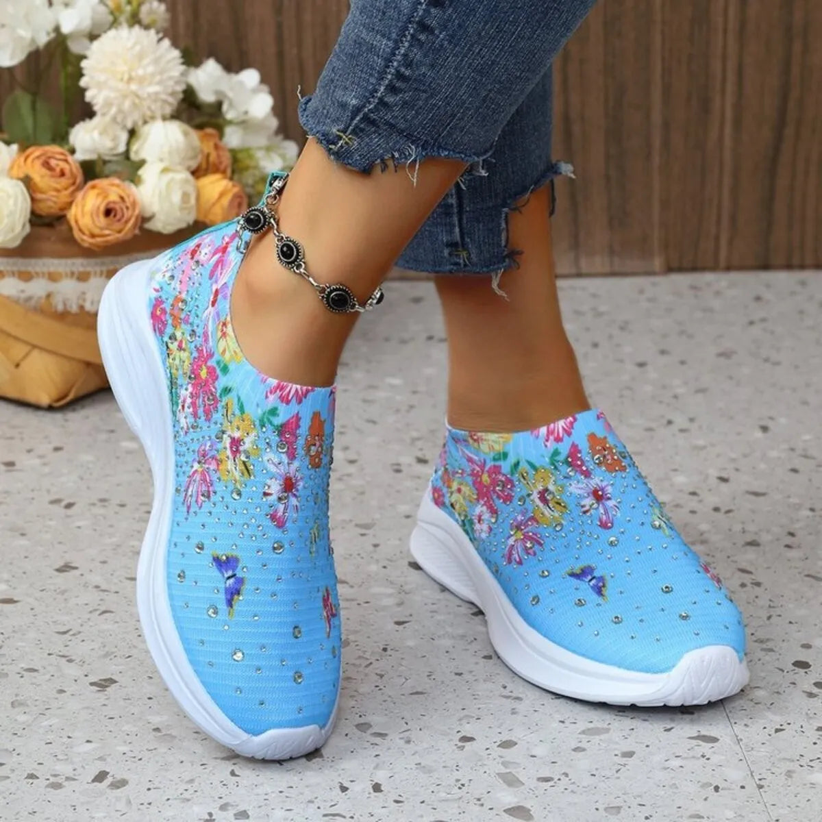 Rhinestone Floral Print Sneakers Sky Blue - Fashorio