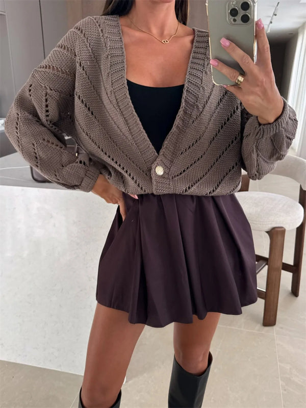 Openwork Long Sleeve Cardigan Coffee Brown - Fashorio
