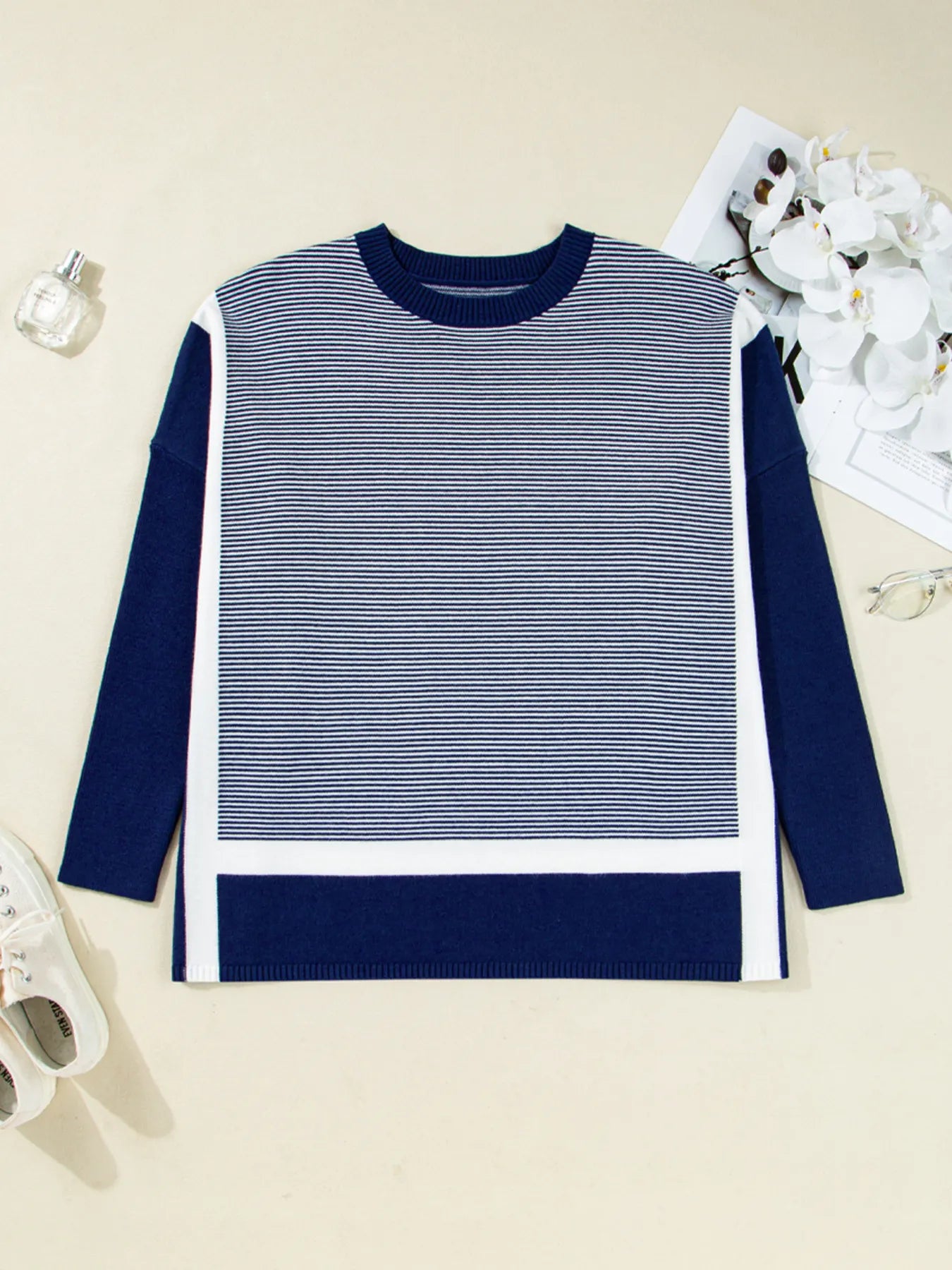Stripe Dolman Oversize Tunic Sweater - Fashorio