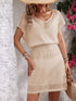 Openwork V-Neck Short Sleeve Cover-Up Dress Beige One Size - Fashorio