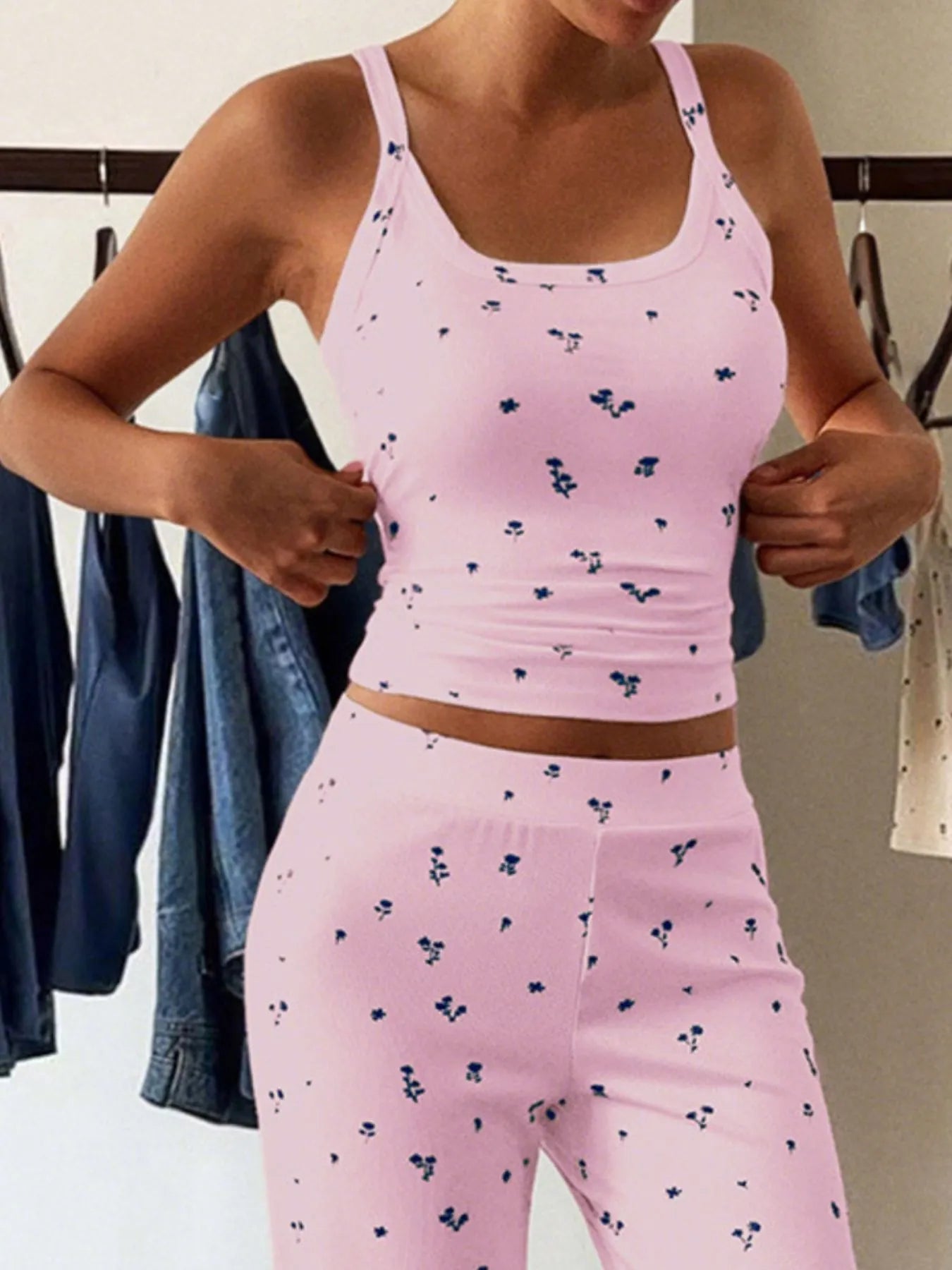 Floral Ribbed Cami and Wide Leg Pants Set - Fashorio