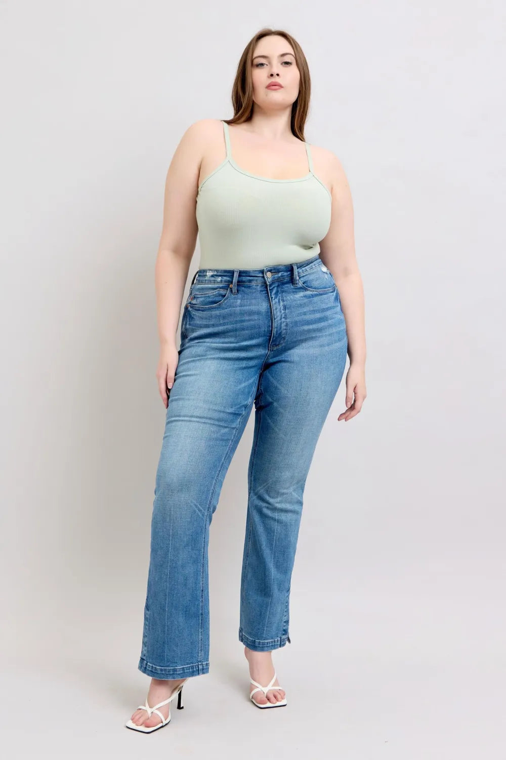 Judy Blue HW Tummy Control Vintage Wash Side Slit Slim Boot Jeans - Fashorio