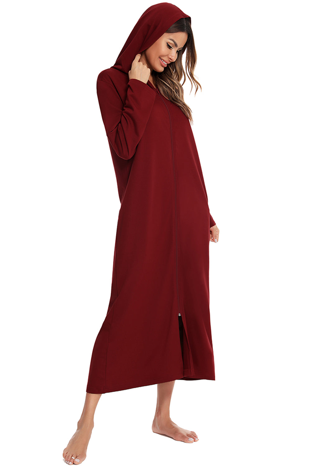 Zip Front Hooded Night Dress with Pockets - Fashorio