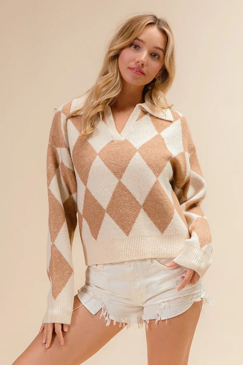 BiBi Diamond Pattern Collared Notch Neck Sweater - Fashorio