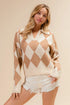 BiBi Diamond Pattern Collared Notch Neck Sweater - Fashorio
