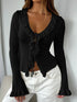 Ruffled Tie Front Flare Sleeve Shirt Black - Fashorio