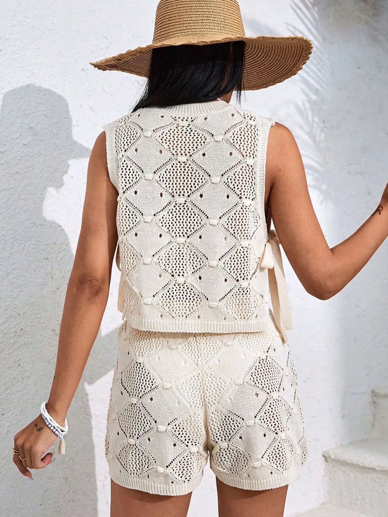 Diamond Pattern Sleeveless Top and Shorts Knit Set - Fashorio