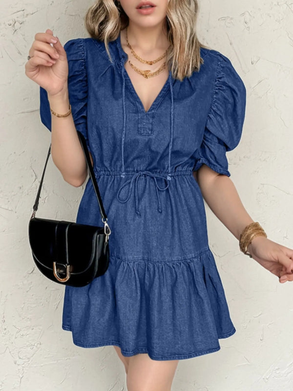 Drawstring High Waist Puff Sleeve Denim Mini Dress Navy - Fashorio
