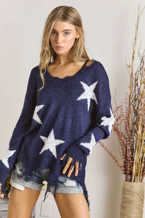ADORA Distressed Star Sweater Top NAVY OFF WHITE STAR - Fashorio